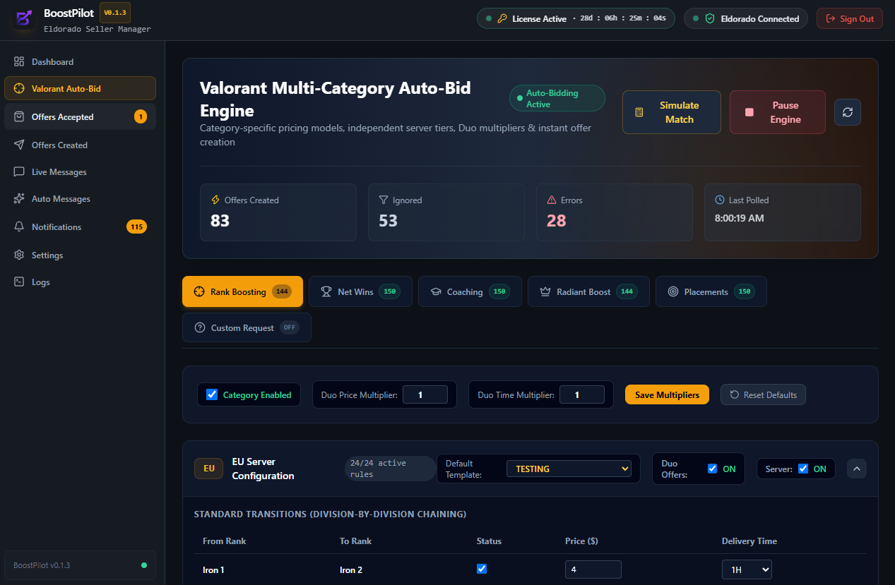 BoostPilot Valorant Auto-Bid Engine configuration screen