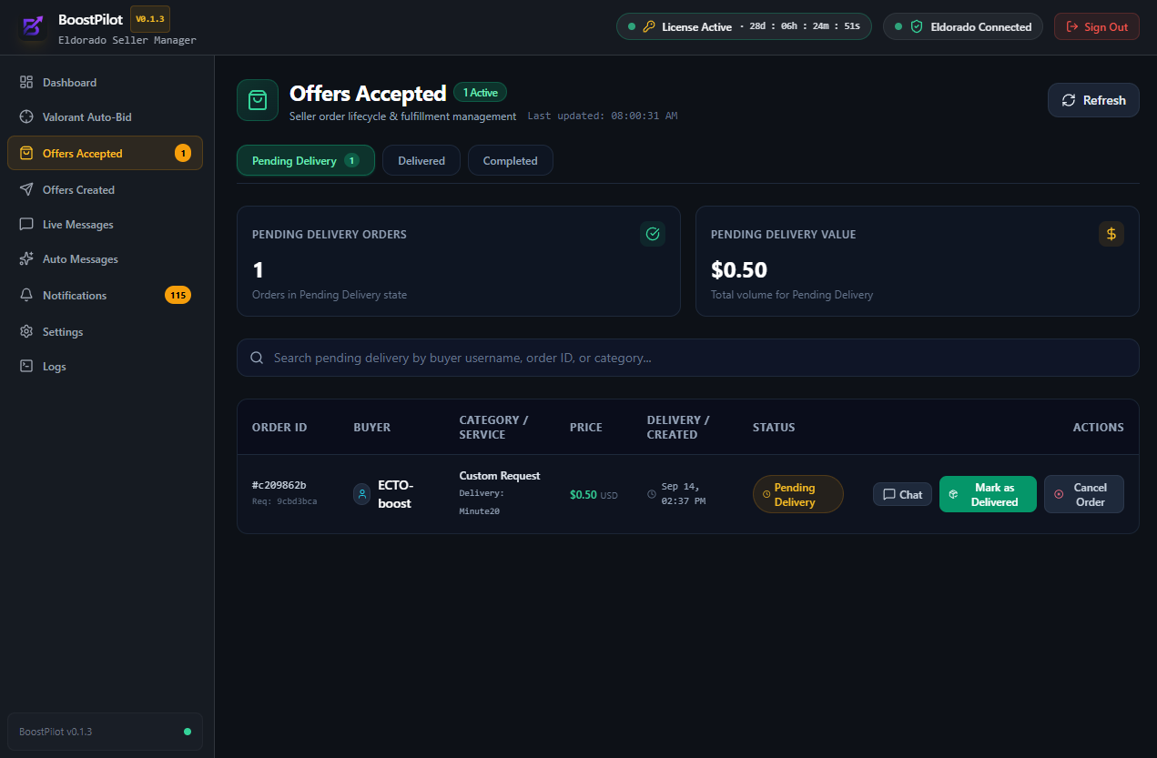 BoostPilot Accepted Orders Dashboard with Delivery Timers